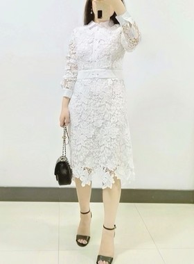 出口美国时尚品牌原单剪标尾货修身白领工装风白色蕾丝长袖连衣裙