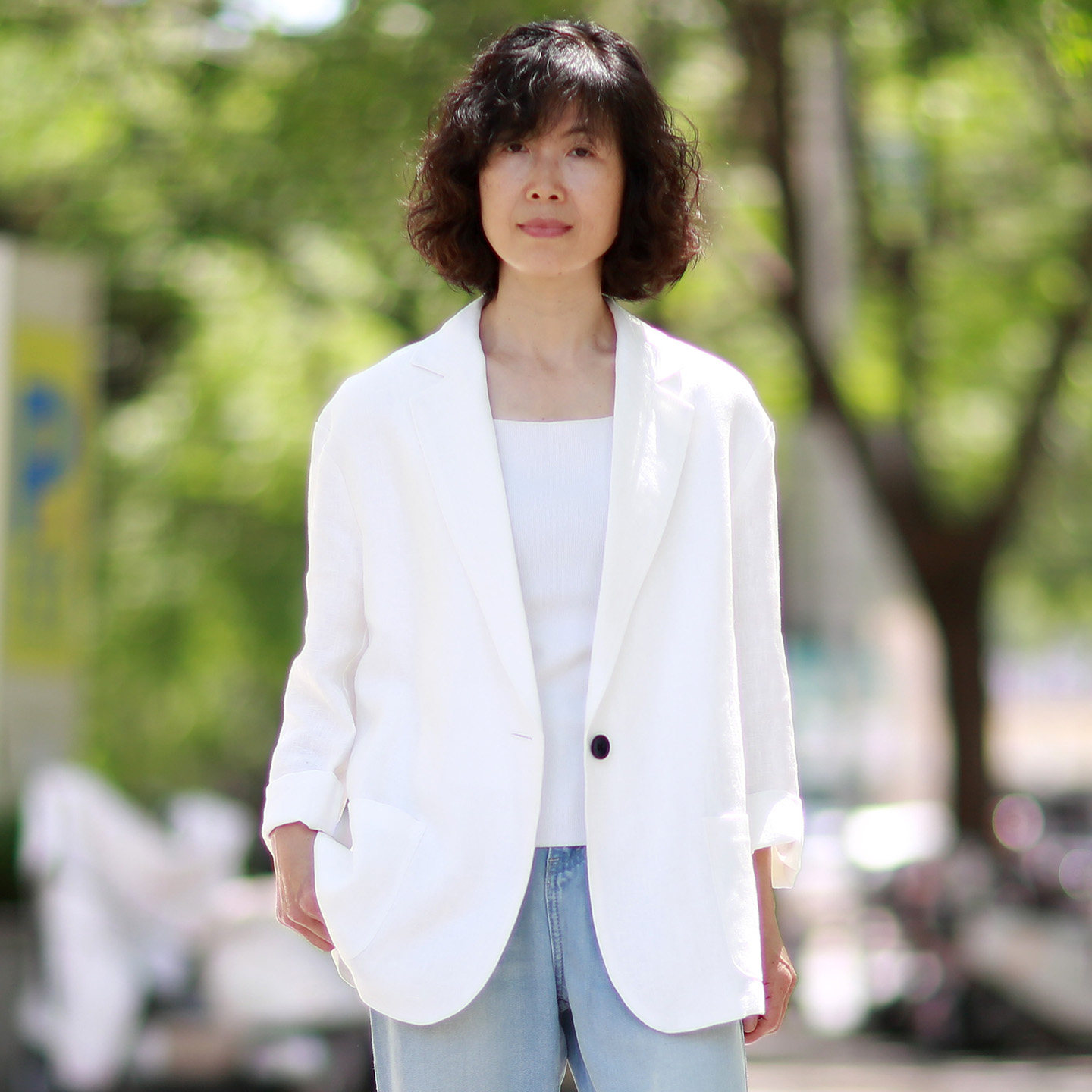 纯亚麻白色女西装外套微廓通勤
