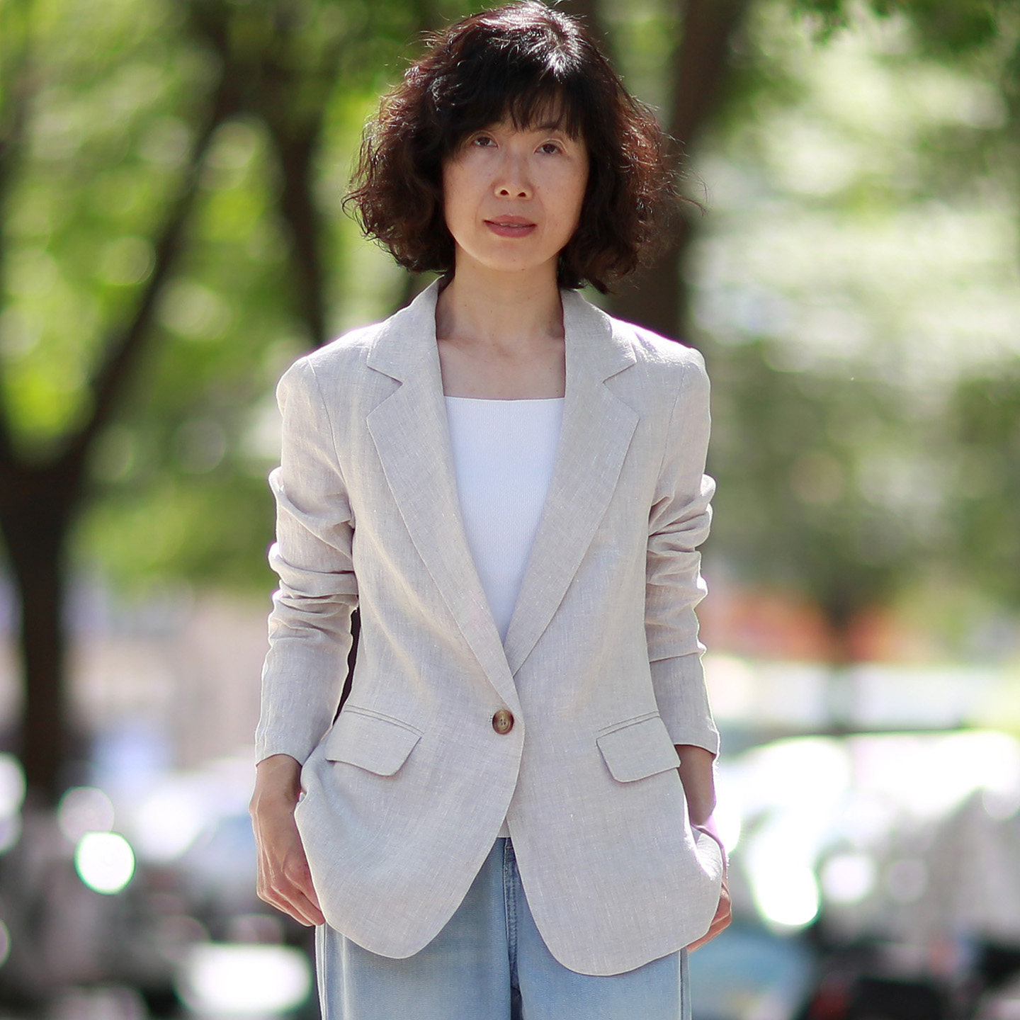 原麻色纯亚麻女薄款修身西装