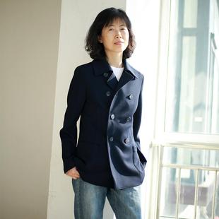 深蓝色双排扣风衣抗皱弹力针织修身无垫肩单层休闲西装外套女春秋
