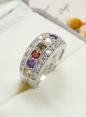 欧美风百搭女士七彩锆石夸张戒指