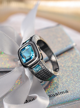 日韩男士铜材质海蓝石戒指