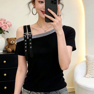 新款 T恤女2026夏季 遮肚子显瘦上衣 设计感斜领不规则短袖 韩版