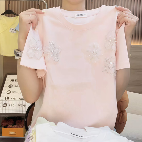 欧货重工钉珠立体花朵短袖T恤女2026夏季新款时尚洋气百搭上衣潮