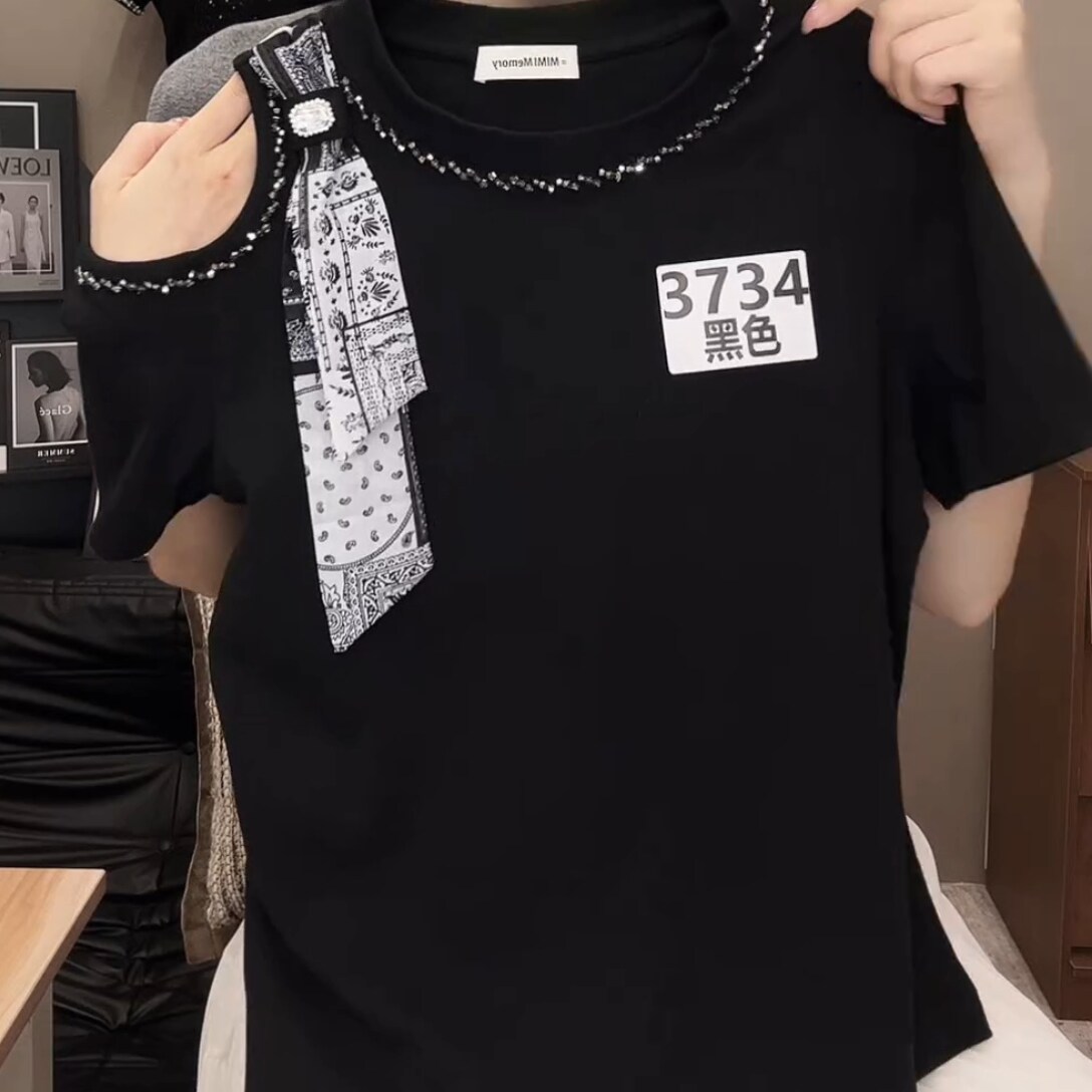 2026年夏季新款露肩蝴蝶结上衣女设计感钉珠显瘦大码内搭洋气图片