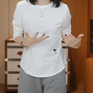 长袖t恤女春秋新款打底衫可外穿弧形下摆宽松薄款小蜜蜂刺绣上衣