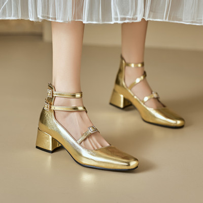 白色金色银色法式复古风方头玛丽珍鞋女粗跟中跟单鞋大码小码PCSA