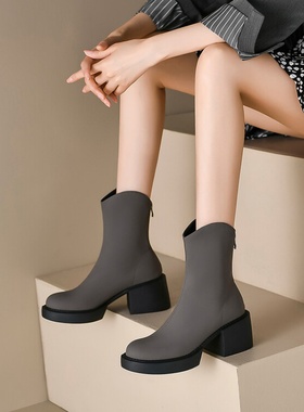 秋冬皮靴圆头粗跟高跟短靴厚底马丁靴灰色靴子短筒女大码女靴 MY