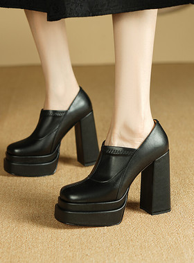 春秋厚底方头粗跟超高跟单鞋女性感防水台深口棕色全皮真皮鞋NPK