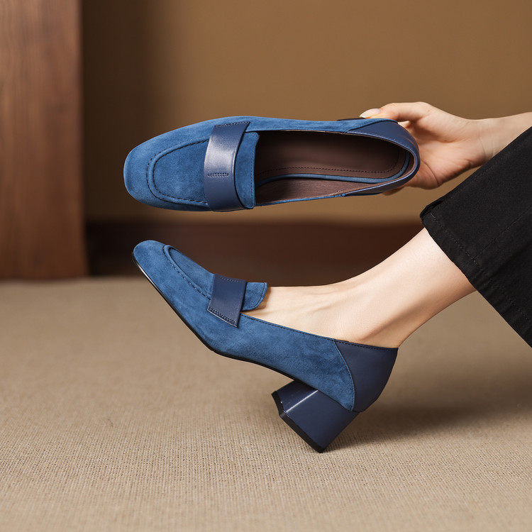 春秋职业工作鞋法式反绒皮乐福鞋女粗跟低跟蓝色鞋中跟真皮女鞋JA,女鞋,时装靴,淘宝优惠券,粉丝福利购,淘宝优惠卷