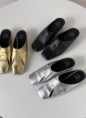 夏季半拖鞋外穿坡跟内增高中跟包头拖鞋女金色银色全皮真皮鞋 JQQ