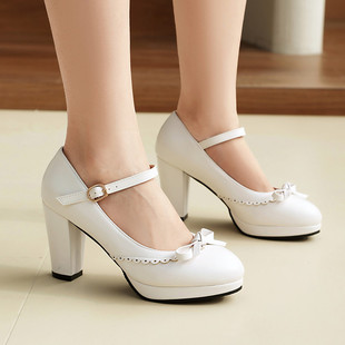 春秋皮鞋粗跟高跟单鞋女浅绿色红色白色粉色黄色大码小码女鞋MSZ