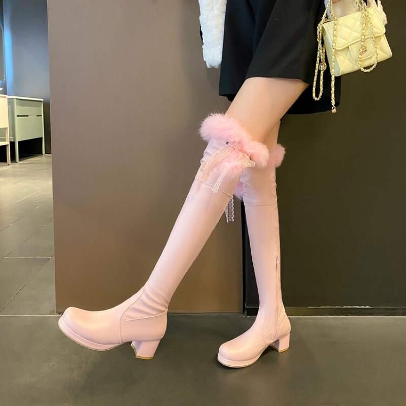 白色粉红色靴子冬季皮靴厚绒粗跟高跟过膝长靴长筒女大码小码 GT