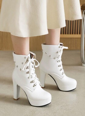 秋冬短靴系带马丁靴粗跟高跟短筒女杏色棕色白色靴子大码女靴 JSS