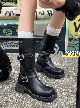 秋冬皮靴骑士西部靴方头粗跟中跟马丁靴女棕色靴子中筒真皮靴NMA