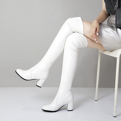 弹力瘦瘦靴长筒女粗跟高跟过膝长靴高筒白色米色靴子大码小码 YMA