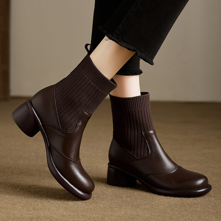 4厘米跟棕色秋冬季皮靴弹力瘦瘦靴牛皮真皮女靴粗跟中跟短靴女 ZC