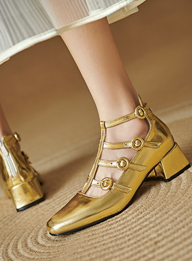 方头粗跟中跟单鞋女金色银色鞋子舞台表演模特走秀大码小码鞋PCSA