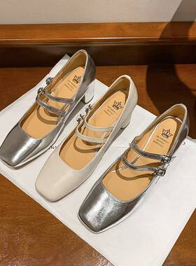 春秋全皮真皮女鞋方头粗跟中跟浅口单鞋女银色米白色玛丽珍鞋LLLM