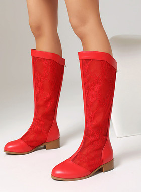 白色红色高筒凉靴女粗跟透气镂空蕾丝刺绣网靴春秋瘦腿靴大码ZYJ