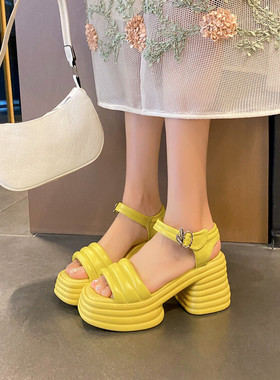 新款扣带米白色黄色玫红色桃红色夏季真皮粗跟厚底高跟凉鞋女XH