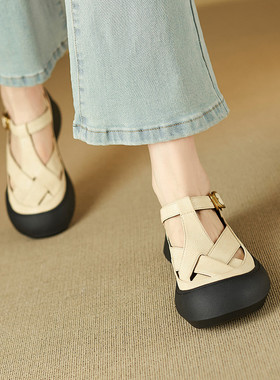 松糕厚底运动风米白色紫色镂空舒适女鞋夏季新款时尚休闲鞋真皮ZC