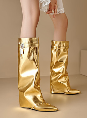 增高鞋秋冬皮靴金色银色靴子坡跟高跟高筒靴女裤管靴大码女靴PCSA