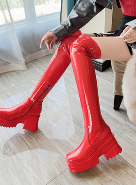 漆皮亮皮秋冬皮靴白色红色靴子舞台表演增高粗跟高过膝长靴大码NA