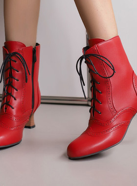 欧美外贸皮靴蓝色墨绿色白色红色紫色高跟短靴女系带大码女靴 LJC