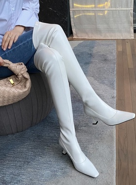 皮靴白色靴子方头细跟高跟过膝长靴长筒女瘦瘦靴牛皮真皮女靴 OKF