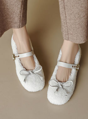 秋冬鞋加绒平底平跟毛绒单鞋女玛丽珍鞋白色棕色毛毛鞋学生鞋SLLM