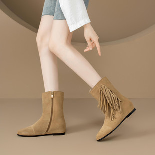秋冬皮靴内增高低跟短靴女流苏靴卡其色橄榄绿色真皮大码女靴 DLX