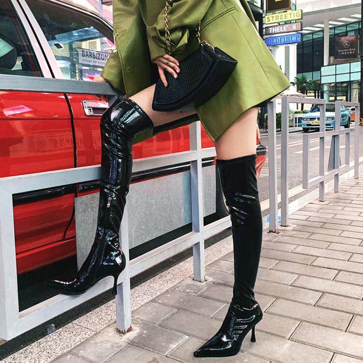 漆皮亮皮女鞋过膝长靴细跟高跟长筒靴女弹力尖头瘦腿真皮女靴 nme