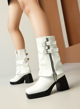 欧美外贸秋冬季皮靴粗跟高跟中筒靴女白色靴子裤管靴大码女靴ZXG