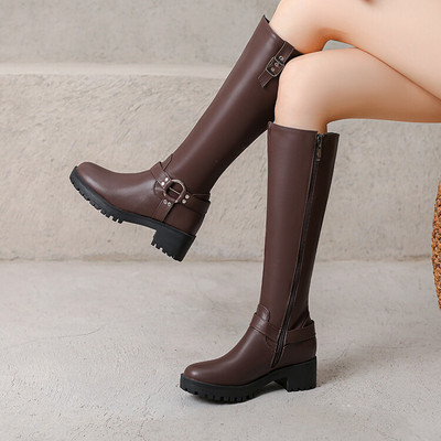 秋冬皮靴骑士靴圆头厚底长靴粗跟中跟高筒女棕色靴子大码女靴HLMT