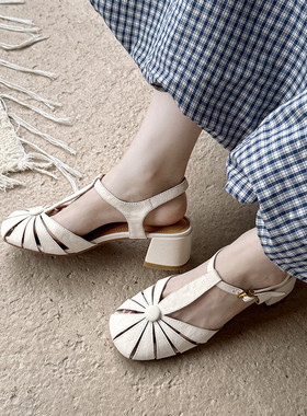 包头粗跟高跟鞋法式米白色酒红色女鞋春夏罗马真皮丁字凉鞋女 JQQ