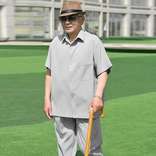 夏季冰丝短袖衬衫男衬衣上衣服速干两件套装中老年男装爷爷父亲节