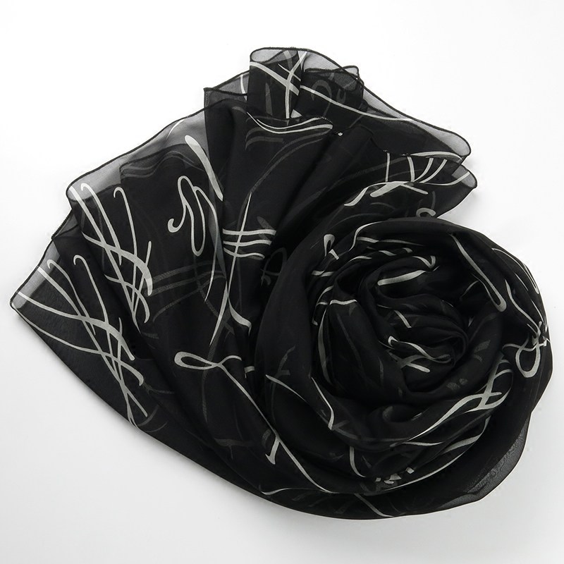 黑色真丝丝巾女士妈妈春秋冬季系脖纱巾黑白色桑蚕丝长款披肩围巾