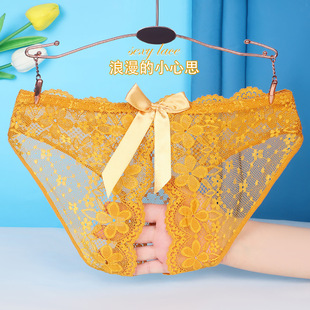 新款蕾丝性感开裆内裤女生低腰透明透视蝴蝶结大码镂空透气三角裤