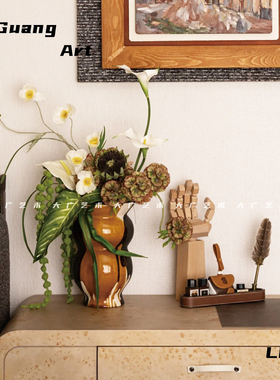 大广 中古老钱风样板间仿真花艺陶瓷彩釉花器组合摆件样板间软装