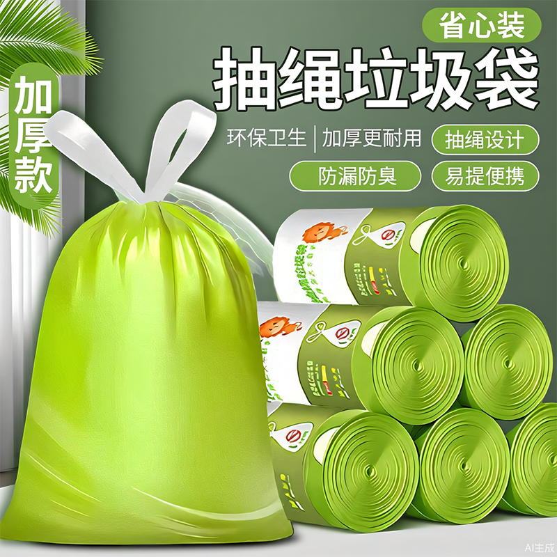 50只艾草垃圾袋家用手提式加厚抽绳式厨房大号塑料袋子实惠装