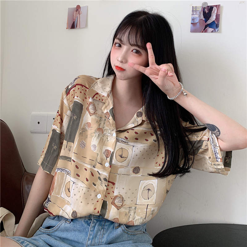 實拍復古港味短袖襯衫女 百搭印花初春上衣小眾襯衣