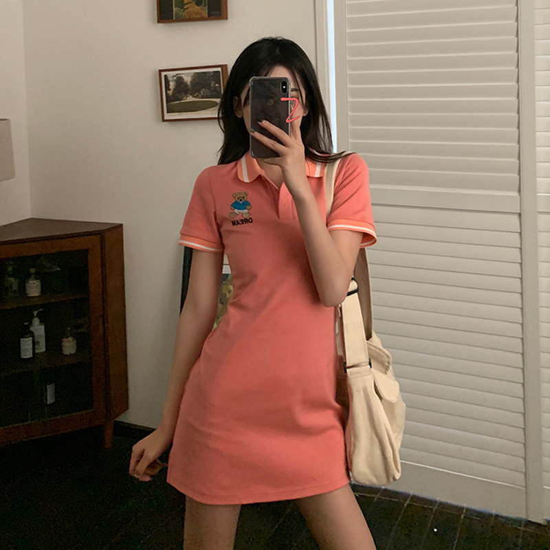 Summer Korean new collar bear embroidery close waist show thin age reduction Short Sleeve Dress