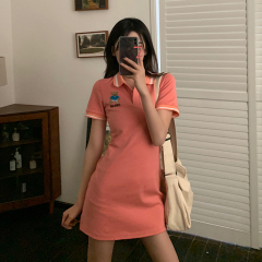 Summer Korean new collar bear embroidery close waist show thin age reduction Short Sleeve Dress