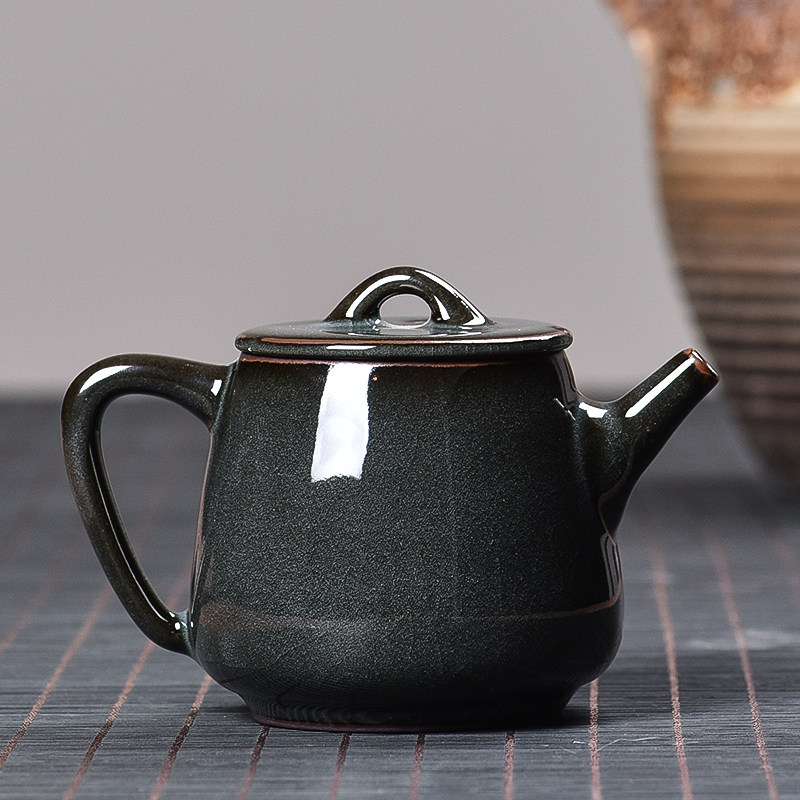 龙泉青瓷哥窑铁胎茶壶陶瓷功夫茶具泡茶壶单壶家用复古石瓢壶黑陶