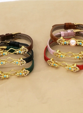 真皮空托热销新设计爆款皮绳手镯铜镀18K金强保色锆石微镶配件