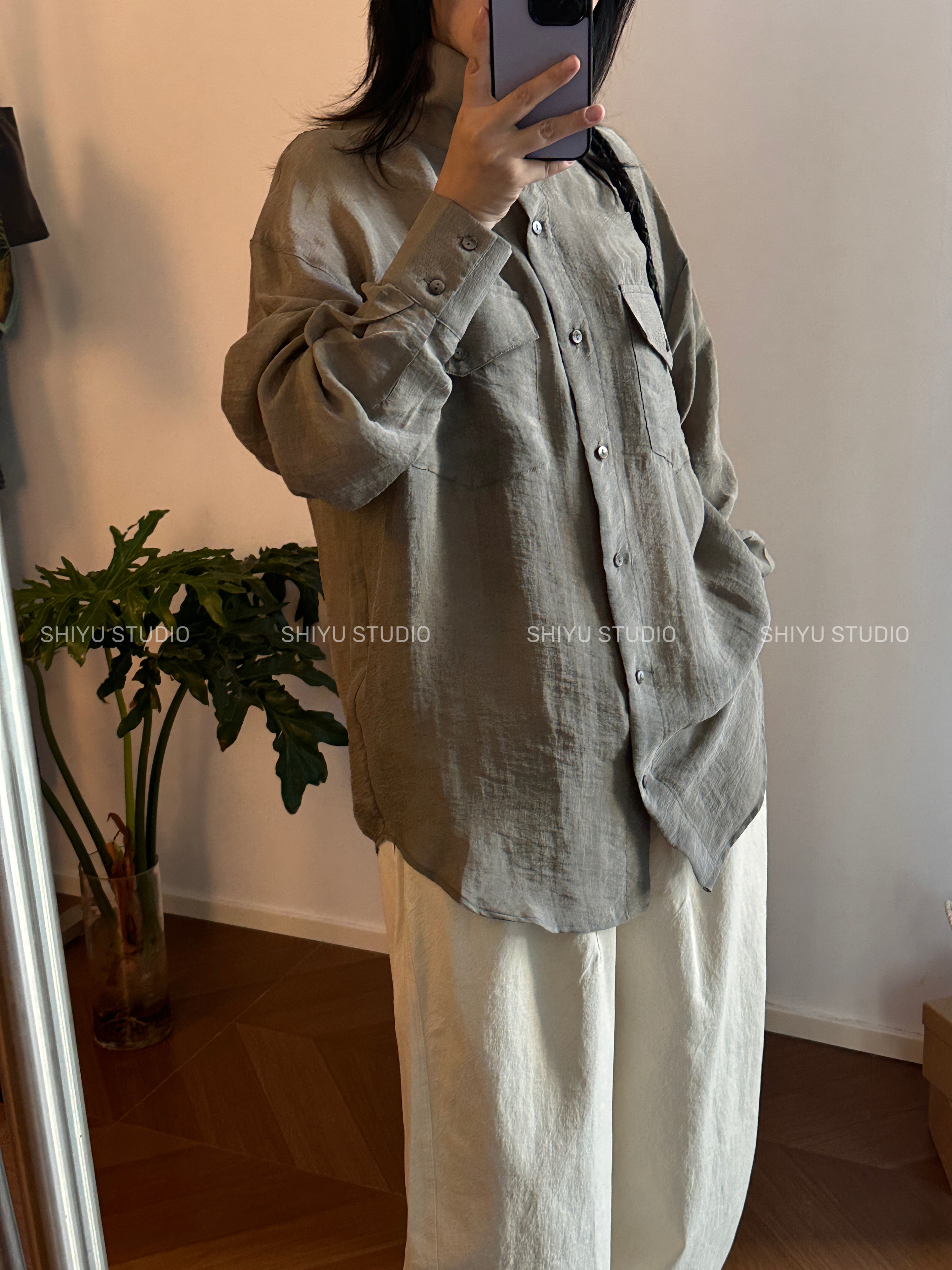 “高级韩系” 天长丝 雾面感面料莫兰迪色立领宽松衬衣衬衫女