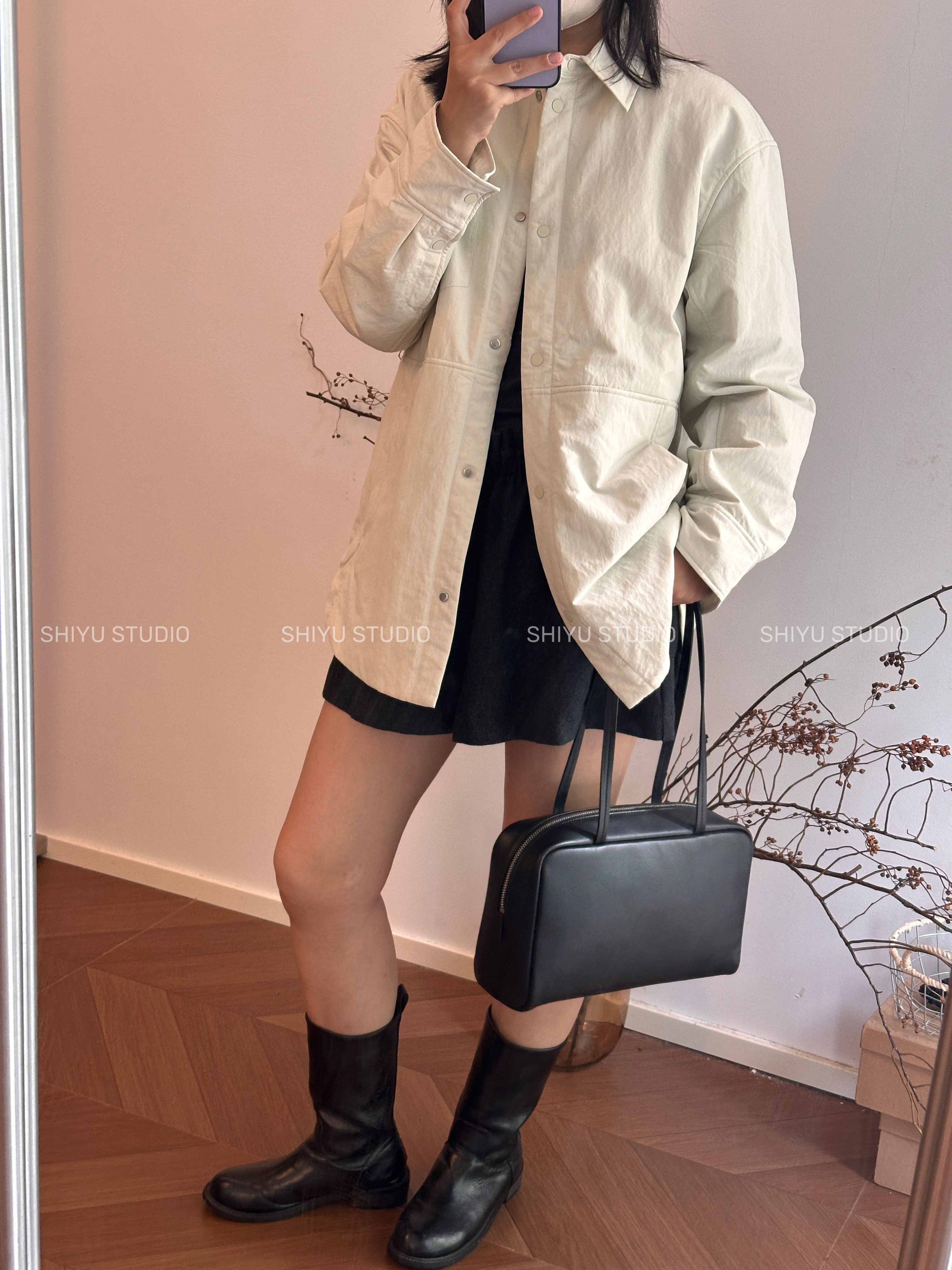 “简约日系”超轻柔软衬衣款薄款中长棉服外套女