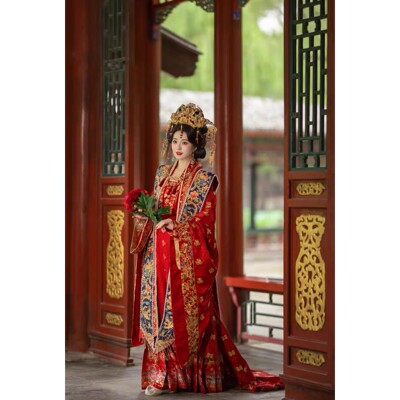 出租琴瑟和鸣宋制汉服男女婚服花罗盘金绣云河千色 租赁有大拖尾