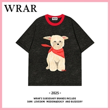 WRAR【红围巾小狗】黑色短袖t恤女夏2025年新款卡通可爱休闲正肩